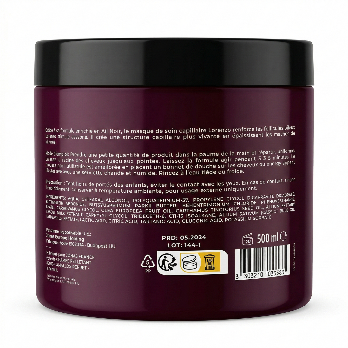 500ml Lorenzo Professional - Ail Noir - Masque Capillaire Cheveux Cassants