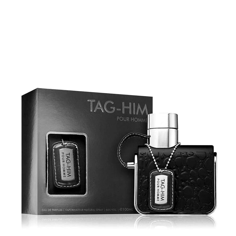 Frasco de fragancia Armaf Tag Him Eau de Parfum pour homme con diseño elegante, detalles dorados y elegante marca.