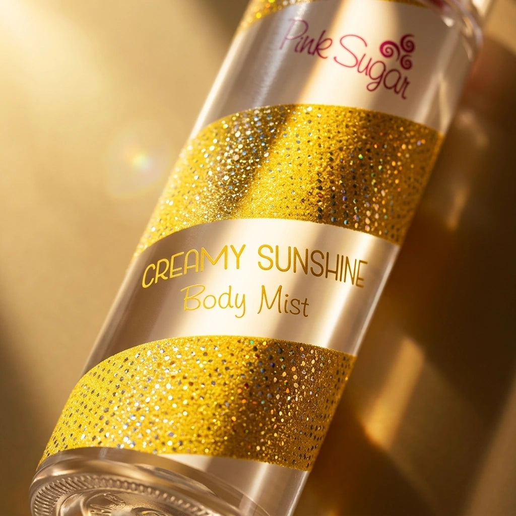Angle : Gros plan macro serré avec un angle à $45^\circ$, orienté vers le centre du flacon.Scène : Focus absolu sur le flacon de "Creamy Sunshine" de l'image image_7cad21.jpg. Un rayon de soleil direct et chaud traverse l'image de biais, frappant de plein fouet les spirales jaunes pailletées. La texture granuleuse du glitter s'illumine en libérant des reflets holographiques dorés, orangés et argentés. L'inscription "Creamy Sunshine Body Mist" en lettres jaunes dorées est d'une netteté parfaite.Fond : Un arr