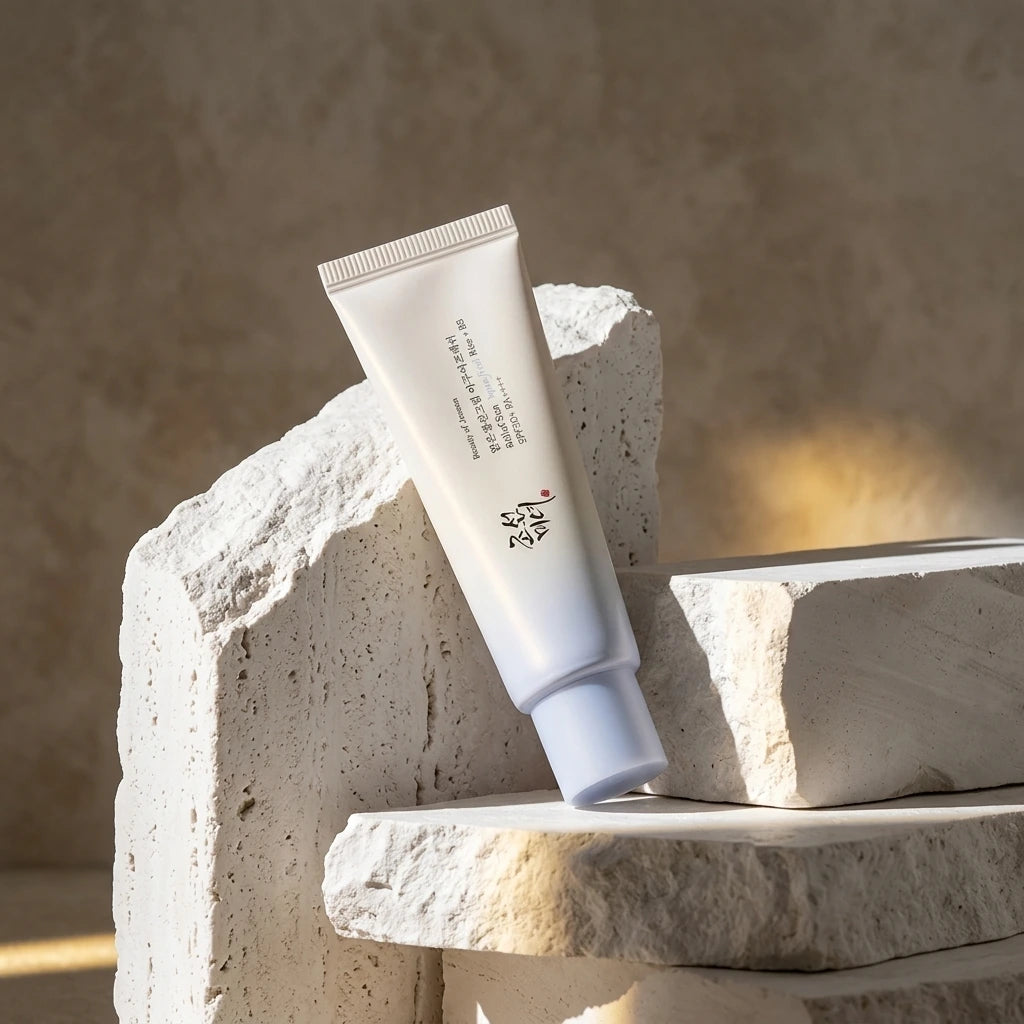 Angle : contre-plongée légère Editorial luxury skincare photography featuring Beauty of Joseon Relief Sun SPF50+ on sculptural white stone blocks, dramatic sunlight, premium beauty campaign, high-end fashion magazine aesthetic, photorealistic cosmetic advertising. (gemini-3.1-flash-image-preview)
