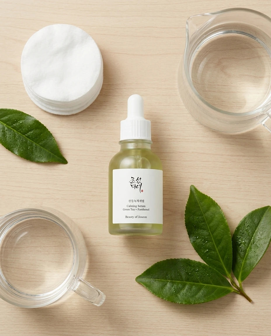 L'Angle : Vue de dessus, à plat (flat lay), mais organisée de manière organique. Le Fond : Une table en bois clair. La bouteille de sérum est le point focal. Atmosphère : Apaisant, organisé. Le Prompt : Organically arranged flat-lay product photography of a Beauty of Joseon serum bottle (image_1.png) as the central element. It is surrounded by other elements of a calming routine: a stack of clean white cotton rounds, a simple clear glass water pitcher, and a couple of perfect, large fresh green tea leav