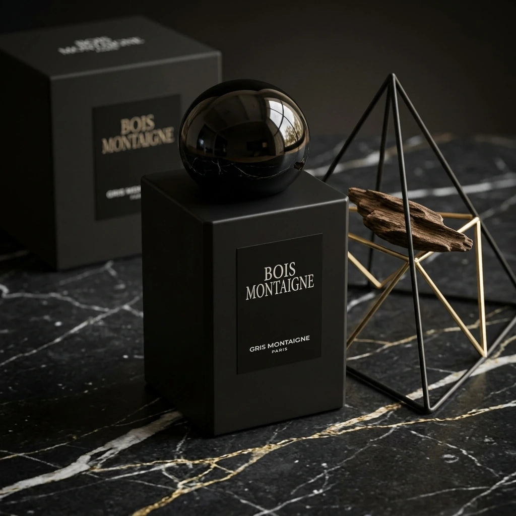 Angle : Vue de trois-quarts face, légèrement plongeante pour capturer la profondeur du décor. Fond : Une plaque texturée de marbre noir mat veiné de blanc pur et d'or. Mise en scène : Le flacon noir mat "Bois Montaigne" est positionné élégamment au centre. À ses côtés, une structure géométrique aérienne en laiton noir et doré symbolise une pyramide olfactive discrète, sur laquelle repose un unique éclat de bois précieux. Un coffret cadeau premium noir de la marque est subtilement visible en arrière-plan.