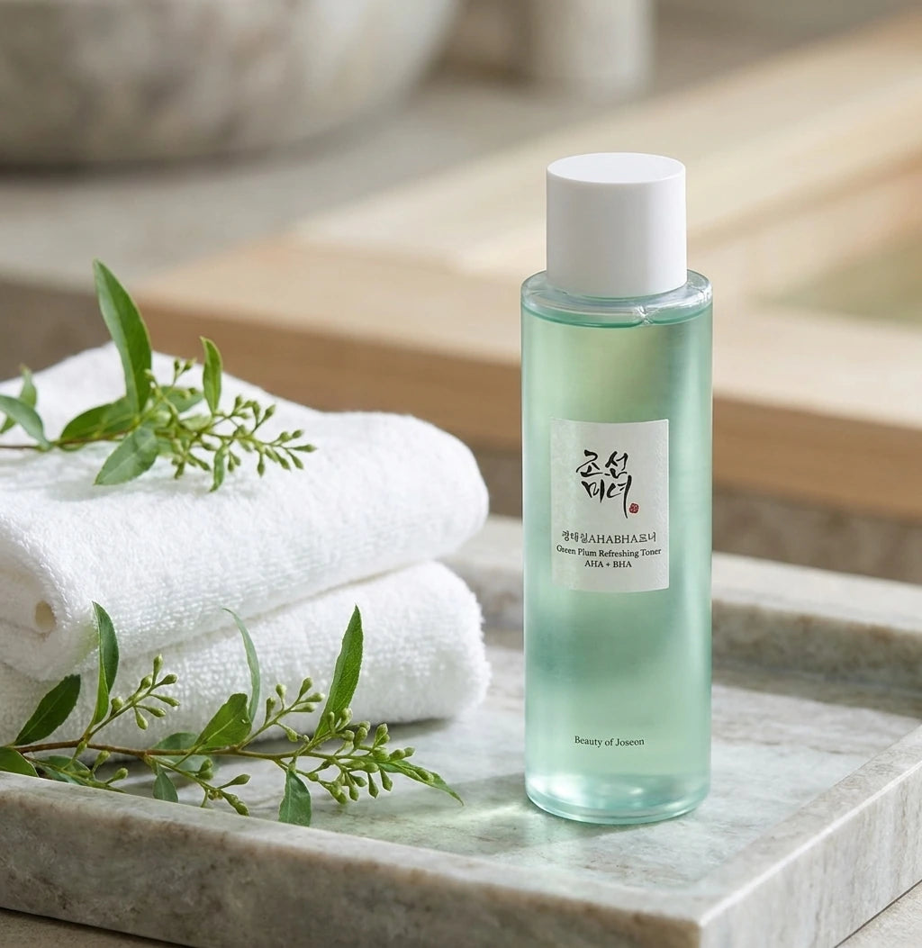 Angle 3/4 rapproché Beauty of Joseon Green Plum Refreshing Toner displayed on smooth stone tray beside folded white towels and green botanical elements, luxury spa atmosphere, soft daylight, photorealistic skincare photography, premium Korean cosmetic advertising. (gemini-3-pro-image-preview)