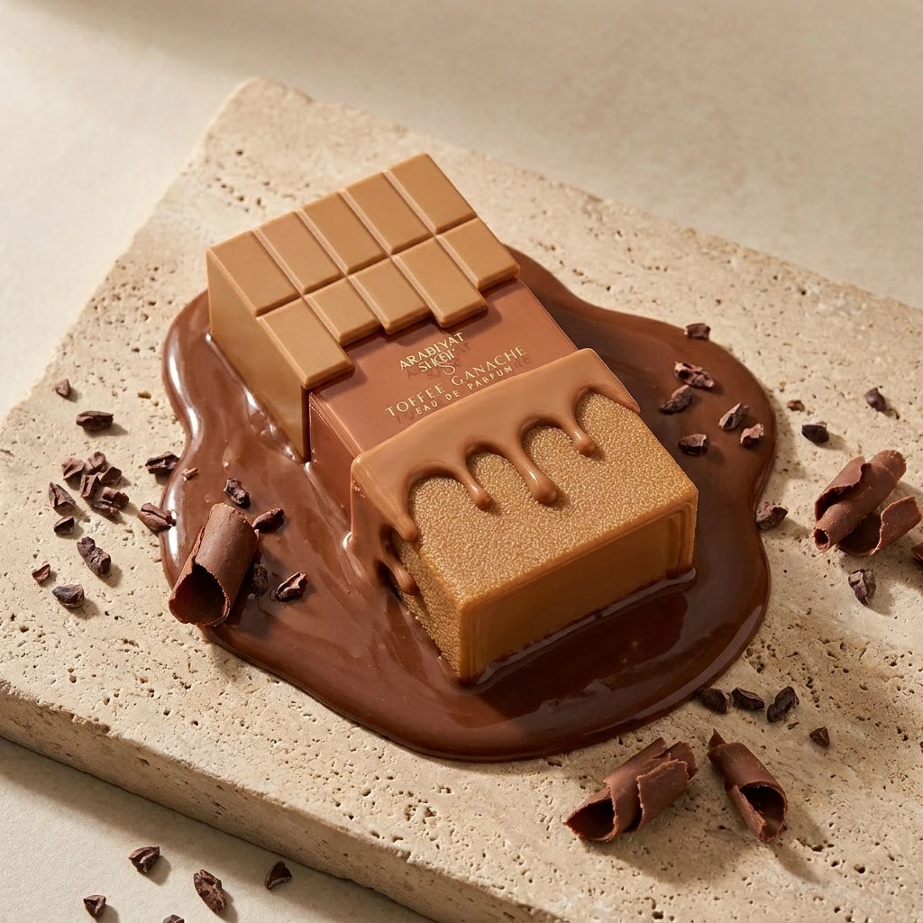 Angle : Vue plongeante à 30° Le parfum Arabiyat Prestige Toffee Ganache entouré d'une ganache au chocolat brillante qui s'étale naturellement sur une surface en pierre beige. Quelques éclats de cacao et copeaux de chocolat décorent la scène. Photographie publicitaire réaliste. (gemini-3-pro-image-preview)