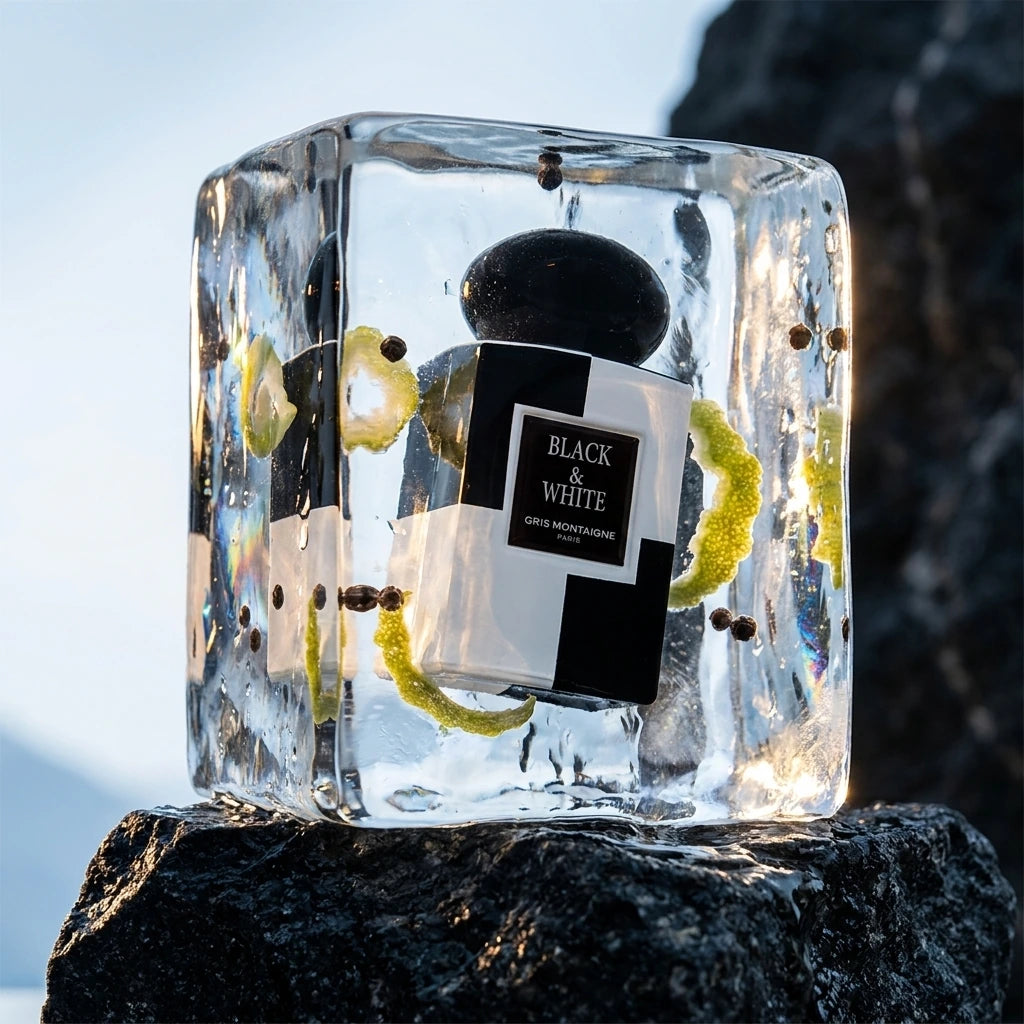 L'idée : Symboliser les notes de tête par la transition entre le froid de l'hiver (le blanc) et la roche (le noir). Le Prompt à copier : Gros plan dynamique et texturé pour un site de luxe. Le flacon "BLACK & WHITE" est encastré dans un bloc de glace pure et transparente, posé sur une roche de granit noir. La glace commence à fondre doucement sous un rayon de soleil matinal, libérant des zestes de bergamote givrés et des baies de poivre noir qui semblent flotter dans les gouttes d'eau. La lumière traverse