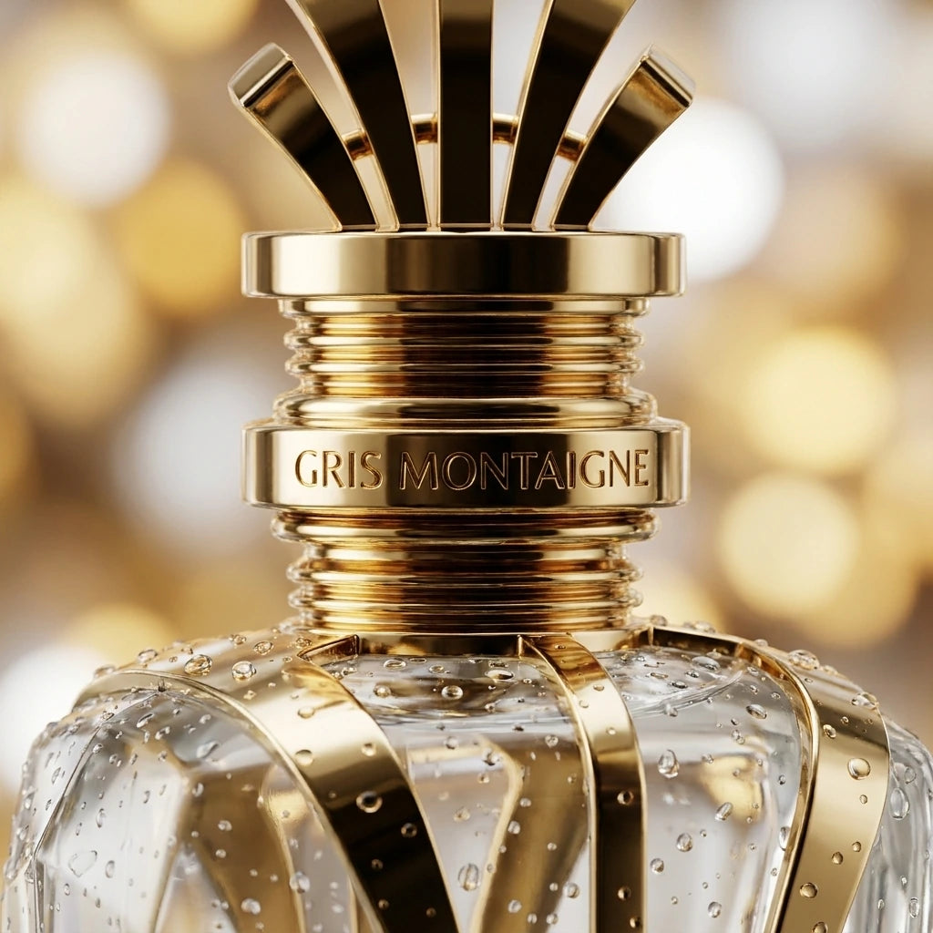 Un plan macro très serré concentré sur le col métallique marqué 'GRIS MONTAIGNE' et la structure en or poli de image_2d80e3.jpg. De fines micro-gouttelettes d'eau pure perlent de manière réaliste sur la surface externe du verre transparent, évoquant une fraîcheur divine. L'arrière-plan présente un flou artistique (bokeh) très doux composé de douces lueurs dorées et blanches. Style : Photographie de produit sensorielle et haut de gamme. (gemini-3-pro-image-preview)