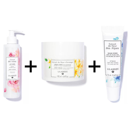 Lilaroze Paris - Exfoliante Corporal Extracto de Azahar BIO + Loción Corporal Hidratante y Calmante Manteca de Karité Extracto de Rosa + Pack Bálsamo Labial Miel de Azahar BIO