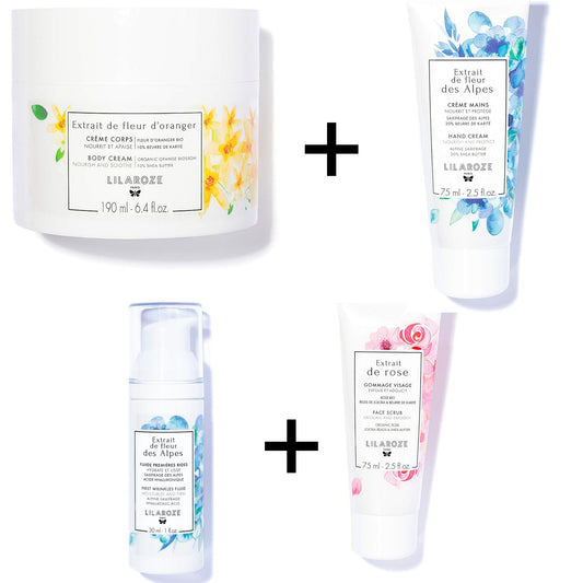 Lilaroze Paris - Pack Mascarilla Facial Extracto de Rosa + Fluido Primeras Arrugas Extracto de Azahar + Crema de Manos Extracto de Azahar + Crema Corporal Extracto de Azahar