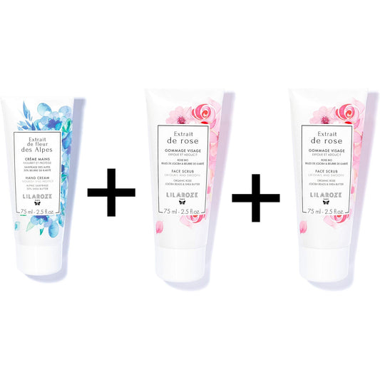 Lilaroze Paris - Pack Mascarilla Facial Extracto de Rosa Hidrata y Tonifica + Exfoliante Facial Extracto de Rosa Exfolia y Suaviza + Crema de Manos Extracto de Flor de Alpino Nutre y Protege