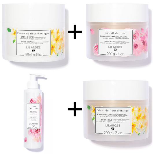 Lilaroze Paris - Pack Exfoliante Cuerpo Extracto de fleurs D'oranger + Exfoliante Cuerpo Extracto de rose + Crema Cuerpo Extracto de fleur d'Oranger + Lait Cuerpo Extracto de rose