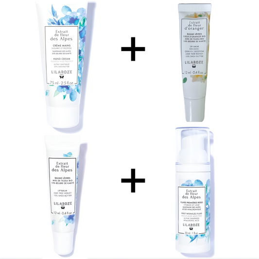 Lilaroze Paris - Pack Creme Mains Extrait de fleur des Alpes + Fluide Premieres Rides Extrait de fleur des Alpes + Baume Levres Extrait de fleur des Alpes  + Baume Levres Extrait de fleur d'Oranger