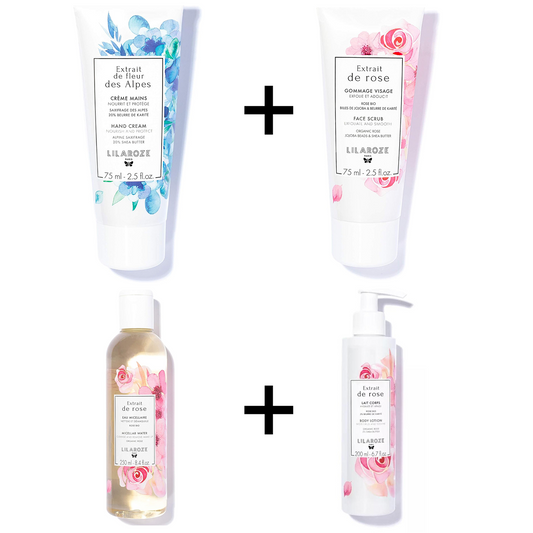 Lilaroze Paris - Pack Lait Cuerpo Extracto de rose + Agua Micelar Extracto de rose + Crema de Manos Extracto de fleur des Alpes + Mascarilla Facial Extracto de rose