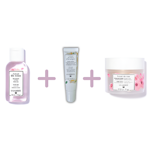 Lilaroze Paris - Pack Gel de Manos Limpiador Extracto de Rose + Bálsamo Labial Extracto de Fleur D'oranger Beurre de Karité + Exfoliante Cuerpo Extracto de Rose Bio