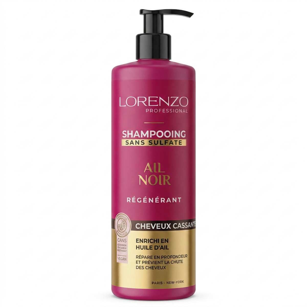500 ml Lorenzo Professional - Shampooing a l'Ail Noir Sans Sulfate Cheveux Cassants