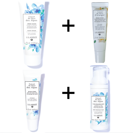 Lilaroze Paris - Pack Creme Mains Extrait de fleur des Alpes + Fluide Premieres Rides Extrait de fleur des Alpes + Baume Levres Extrait de fleur des Alpes + Baume Levres Extrait de fleur d'Oranger