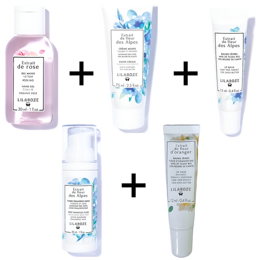 Lilaroze Paris - Pack Crema de Manos Extracto de fleur des Alpes + Fluide Premieres Rides Extracto de fleur des Alpes + Bálsamo Labial Extracto de fleur des Alpes + Bálsamo Labial Extracto de fleur d'Oranger + Gel Main Extracto de rose