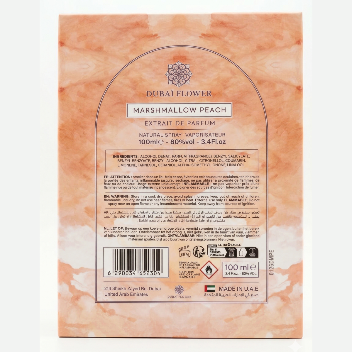 100ml Dubaï Flower - Marshmallow Peach - Extrait de Parfum MIxte