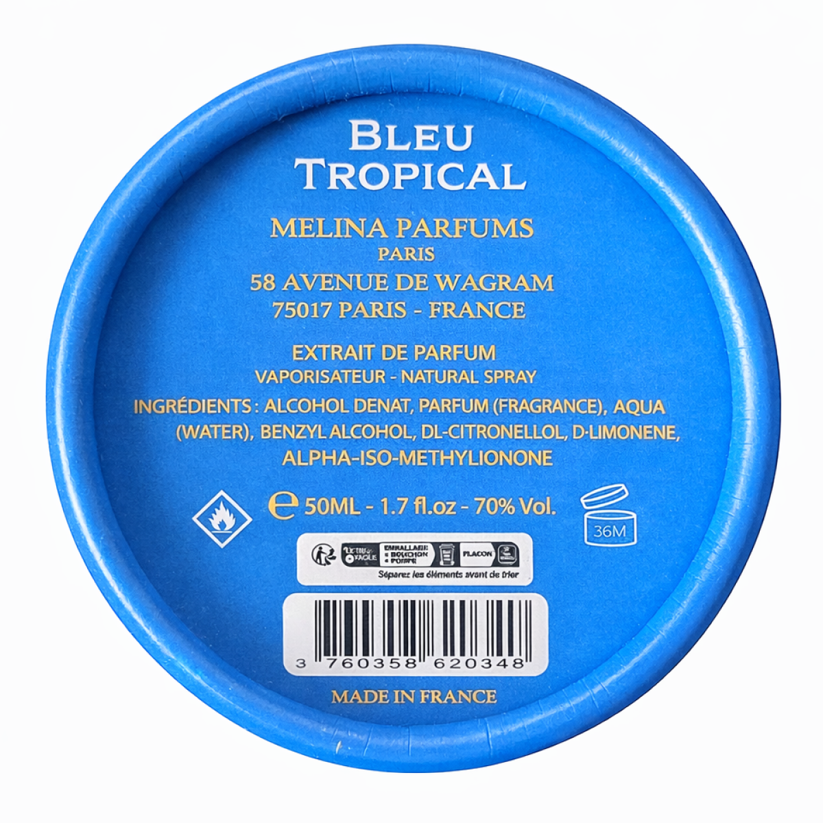 50ml Melina Parfums - Bleu Tropical - Extrait de Parfum Mixte