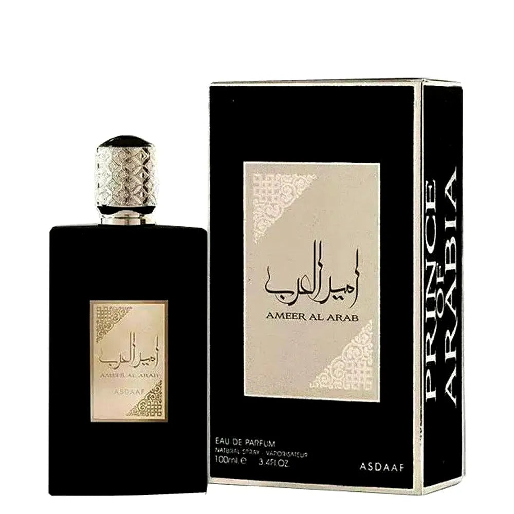 Frasco de Asdaaf Ameer Al Arab Eau de Parfum para hombre, diseño elegante con detalles de inspiración árabe.