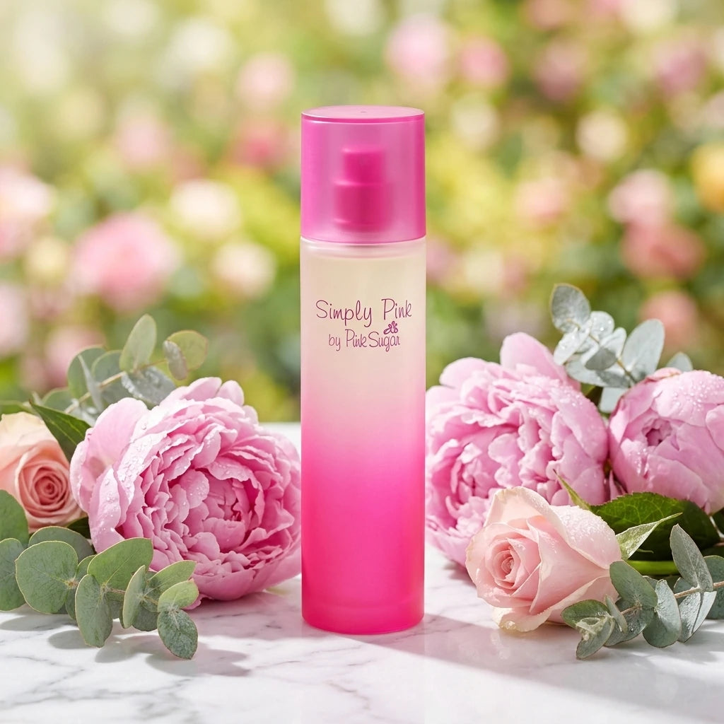 Scène : Le flacon de "Simply Pink by Pink Sugar" est posé élégamment sur une surface en marbre blanc poli. Il est entouré de pivoines roses fraîches et épanouies, de quelques boutons de rose et d'eucalyptus argenté. Des gouttes de rosée matinale brillent sur les fleurs. La lumière naturelle est douce et diffuse, comme à l'aube.  Angle : Prise de vue à 3/4, légèrement surélevée.  Fond : Un arrière-plan flou de jardin à l'anglaise baigné de soleil. (gemini-3.1-flash-image-preview)