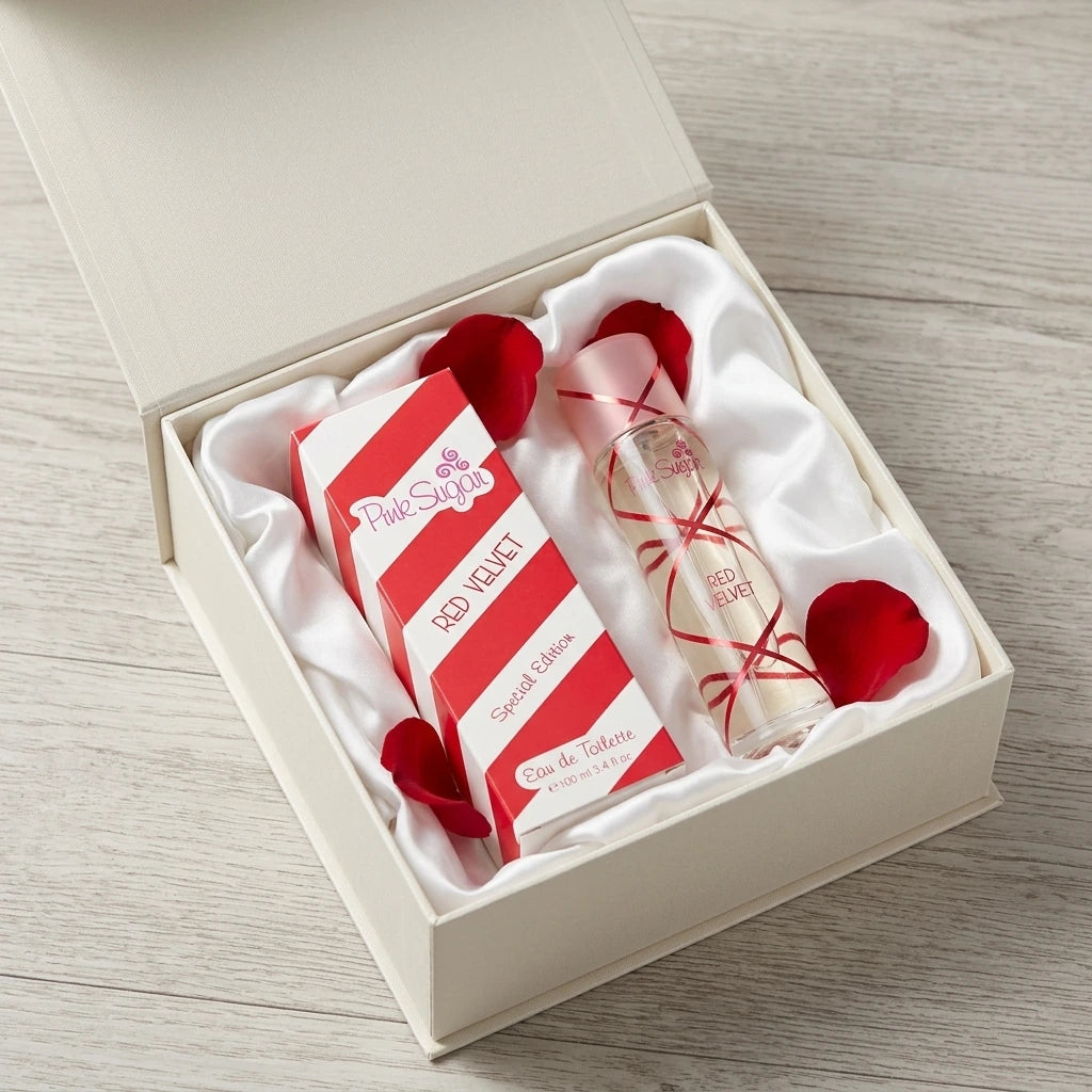 Angle : Vue de trois-quarts haut.  Scène : La boîte de l'image image_7b5eae.jpg est délicatement posée dans un coffret cadeau e-commerce premium ouvert, entourée de papier de soie blanc froissé. Quelques pétales de roses rouges sont glissés dans le papier de soie à côté du carton pour une ambiance romantique de déballage.  Fond : Une table en bois blanchi ou une surface neutre gris clair. (gemini-3.1-flash-image-preview)