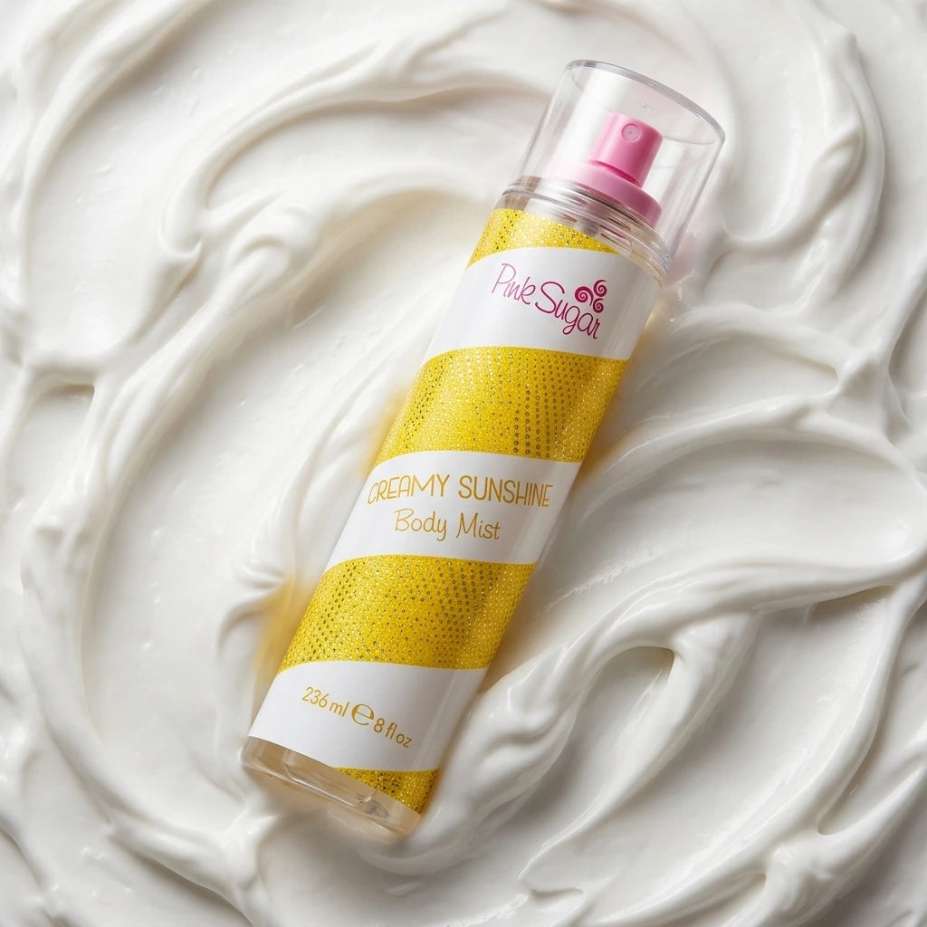 Angle : Plongée douce ($30^\circ$).Scène : Le flacon repose de manière oblique sur un fond artistique de vagues denses et sculptées de crème cosmétique blanche ou de glaçage de coco onctueux. Le flacon semble délicatement niché dans cette matière riche et texturée, mettant en avant le mot "Creamy" du produit.Fond : Texture de crème blanche en mouvements fluides sur l'ensemble du cadre. (gemini-3.1-flash-image-preview)