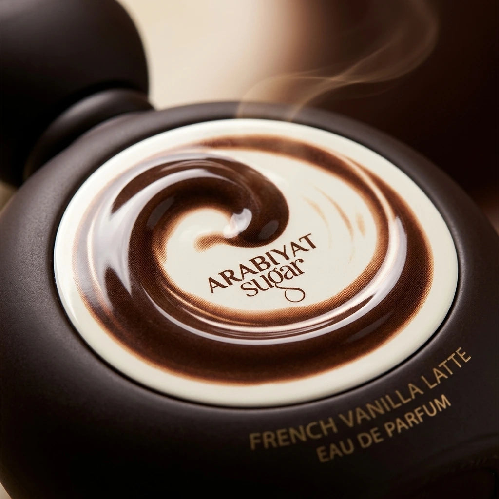 Angle : Gros plan macro serré, angle à $45^\circ$ centré sur le médaillon blanc et le tourbillon.Scène : Focus absolu sur le flacon de "French Vanilla Latte" de l'image image_8890cf.jpg. L'éclairage de studio (boîte à lumière focalisée) fait briller intensément le tourbillon marron au centre, créant des reflets spéculaires parfaits qui contrastent avec le fini mat marron foncé du reste du flacon. Une infime volute de vapeur chaude passe en arrière-plan.Fond : Arrière-plan flou de studio (bokeh) dégradé dans