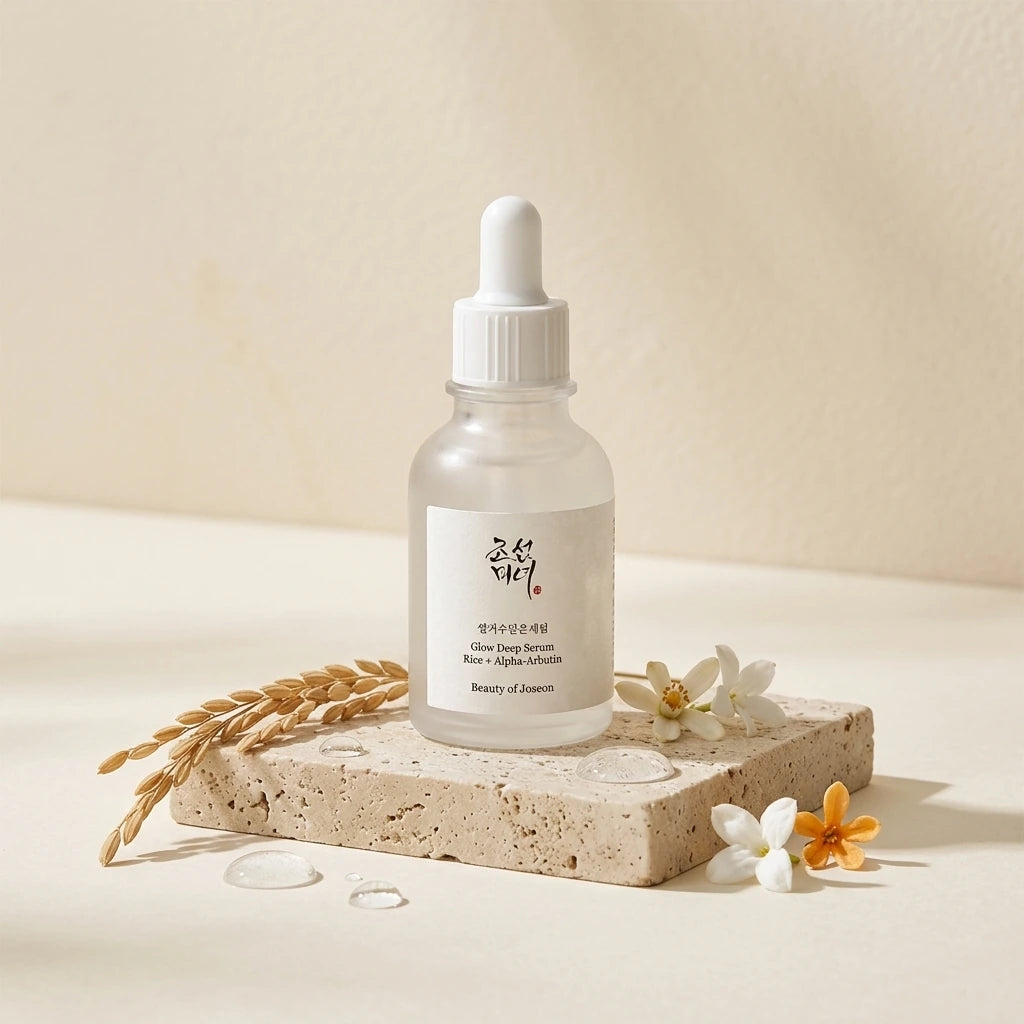 Angle : Vue à 45°  Le flacon Beauty of Joseon Glow Deep Serum posé sur un socle en travertin beige entouré d'épis de riz, de fleurs blanches et de quelques gouttes d'eau. Fond crème minimaliste, lumière naturelle diffuse, ombres douces, photographie e-commerce haut de gamme, rendu photoréaliste. (gemini-3.1-flash-image-preview)