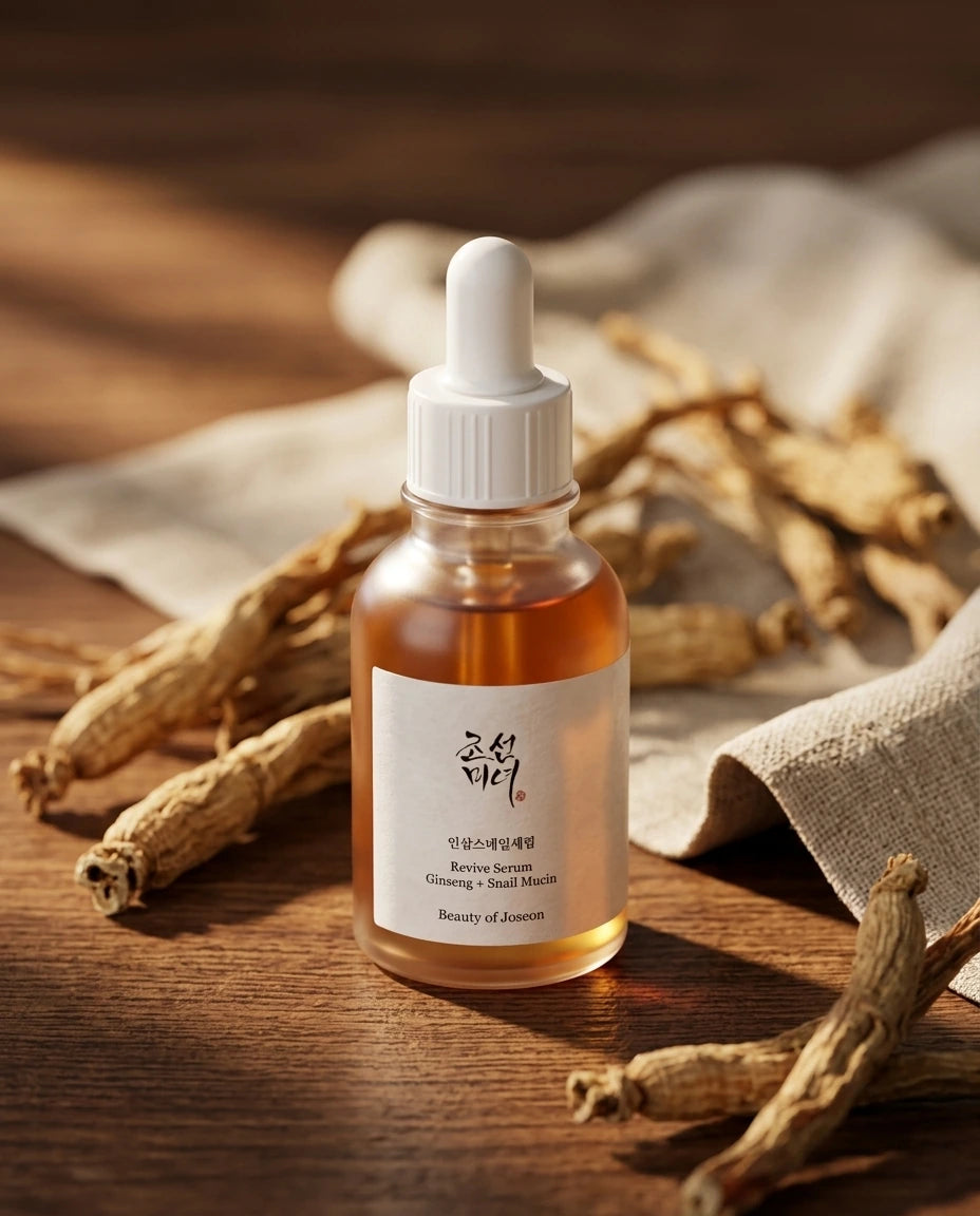 L'Angle : Vue en contre-plongée légère (low angle) pour donner de l'importance au produit.  Le Fond : Une table en bois de cèdre foncé, entourée de racines de ginseng séchées et d'un tissu en lin brut beige.  Le Prompt : > Commercial product photography of a Beauty of Joseon amber glass serum bottle. The bottle is standing on a dark, rustic wooden table. In the blurred background, raw ginseng roots and a piece of textured beige linen fabric. Warm, soft morning light coming from the side, casting gentle shad