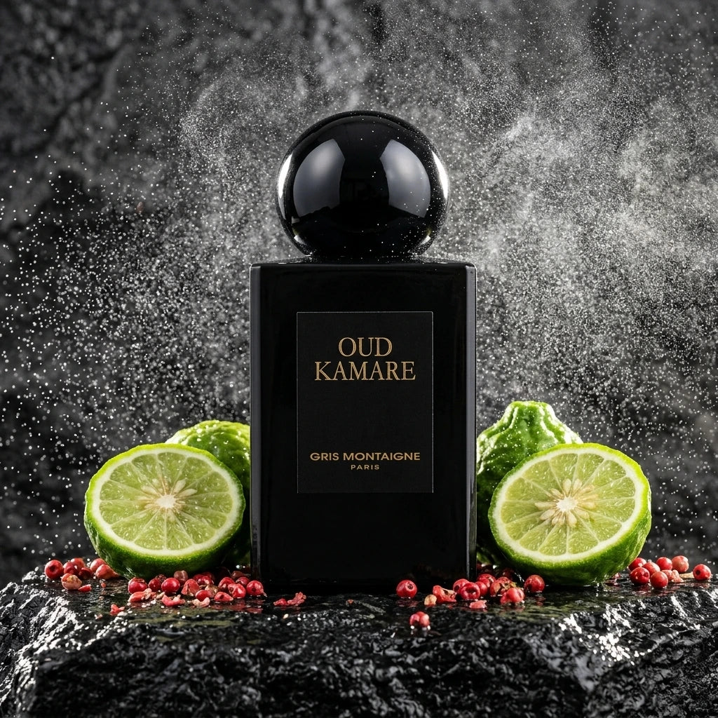 Angle : Plan macro rapproché, centré sur le flacon et les ingrédients de tête.  Fond : Une roche de granit sombre et brute, légèrement texturée.  Le Prompt à copier :  Photographie de produit publicitaire haut de gamme. Un flacon de parfum rectangulaire noir mat avec un bouchon rond noir brillant, portant l'inscription dorée "OUD KAMARE". Le flacon trône seul au centre sur une pierre volcanique noire mouillée. Autour de sa base, des demi-limes kaffir (bergamote) fraîches et juteuses et des baies roses conca
