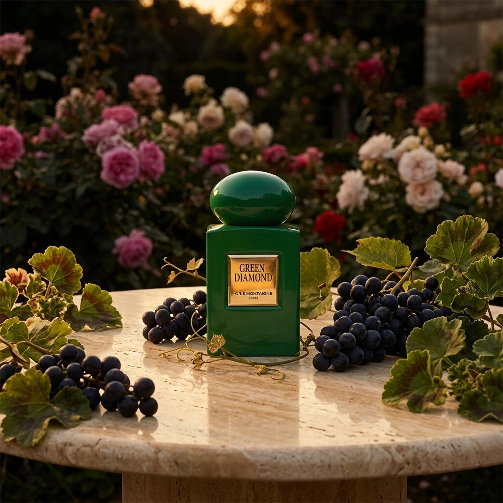 Un plan large d'un flacon de image_0.png posé sur une table en travertin poli, sur une terrasse donnant sur un jardin de roses anciennes à la tombée de la nuit. La lumière est chaude et dorée (golden hour). Autour de image_0.png, des grappes de raisin de Corinthe et des feuilles de géranium créent un cadre organique. La plaque dorée de image_0.png reflète l'heure dorée. Style : Photographie éditoriale de luxe, sensuelle. (gemini-3.1-flash-image-preview)