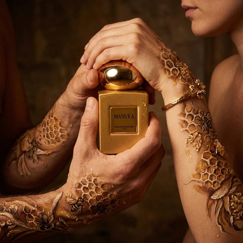 Un plan moyen rapproché d'un couple d'acteurs dont les mains s'entrelacent autour du flacon de image_1.png. Leurs bras sont peints de motifs organiques de cire d'abeille et de miel sec. La femme porte un bracelet doré qui s'aligne avec le capuchon sphérique. L'éclairage est chaud et intime. Style : Photographie d'art corporelle, composition tactile. (gemini-3.1-flash-image-preview)