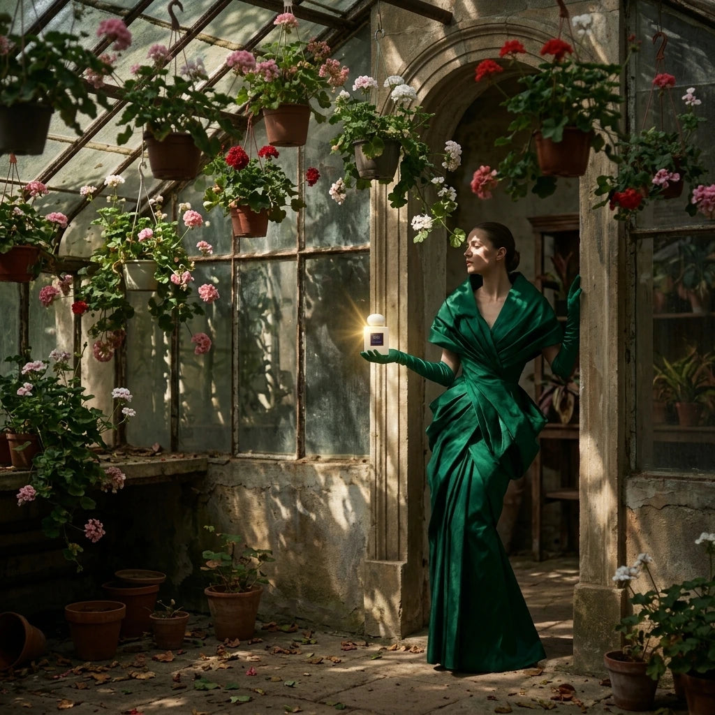Un plan large d'un mannequin femme portant une robe couture structurée en soie verte émeraude profonde, tenant délicatement le flacon de image_3.png dans sa main gantée de satin vert. Elle se tient dans une orangerie ancienne, la lumière du soleil filtrant à travers le verre et les plantes de géranium suspendues. Son visage est partiellement ombragé. La plaque dorée de image_3.png capte une étincelle de soleil. L'ambiance est feutrée, mystérieuse. Style : Photographie de mode éditoriale, ambiance Renaissanc