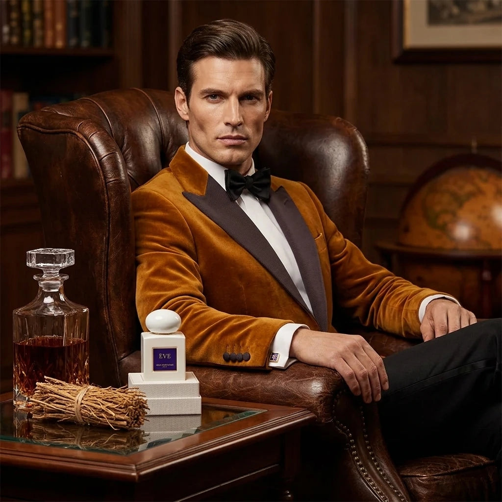 Un plan moyen d'un mannequin homme au visage sculpté, assis dans un fauteuil en cuir vieilli. Le flacon de image_3.png est posé sur une table d'appoint à côté de lui, avec une bouteille de cognac ambrée et un fagot de racines de vétiver. Il porte un smoking ocre foncé. Son regard est direct. La plaque dorée de image_3.png s'aligne avec ses boutons de manchette. Style : Photographie de portrait d'affaires de luxe. (gemini-3.1-flash-image-preview)