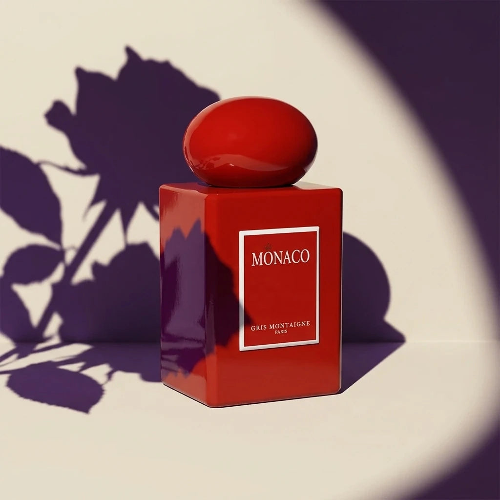Un plan moyen à 45 degrés du flacon de image_8.png posé sur un fond minimaliste de couleur crème mat. Un projecteur puissant projette l'ombre graphique et nette de pétales de rose pourpre directement sur le mur arrière et sur le corps rouge laqué de image_8.png. L'étiquette blanche 'MONACO' reste parfaitement illuminée et nette. Style : Studio packshot contemporain et graphique. (gemini-3.1-flash-image-preview)