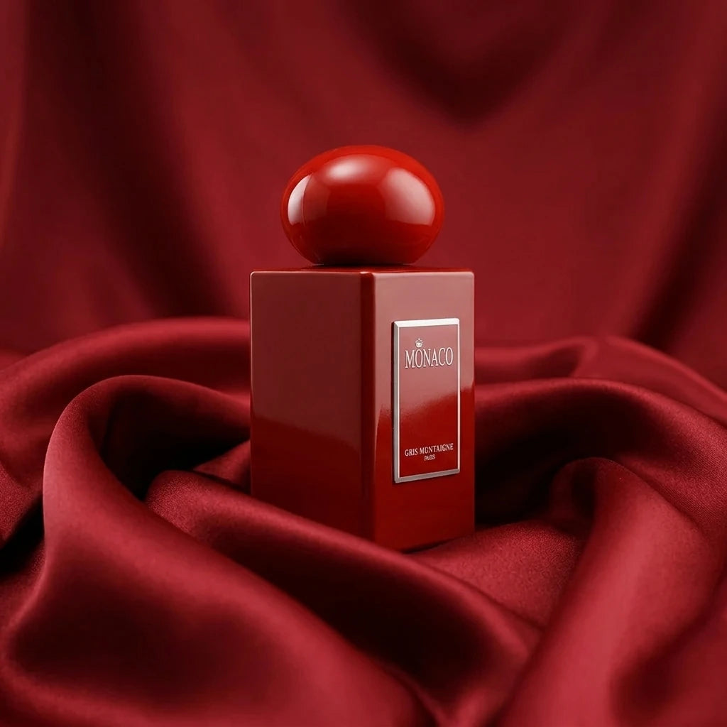 Un plan moyen de profil du flacon de image_8.png déposé délicatement sur un drapé de soie rouge opulente qui ondule autour de lui. La lumière est diffuse et douce, créant des dégradés de rouge profonds dans les plis du tissu et mettant en valeur la silhouette impeccable de image_8.png. Style : Photographie éditoriale de beauté. (gemini-3.1-flash-image-preview)