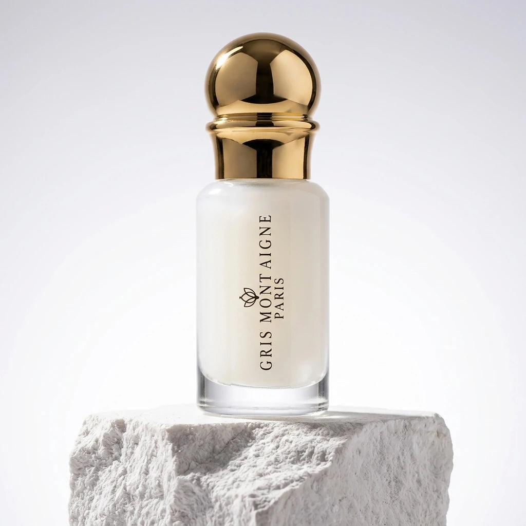Un plan moyen net et frontal du flacon cylindrique de image_17.png isolé de sa boîte, posé sur un bloc de gypse blanc brut et poudreux. La lumière de studio traverse le verre dépoli par l'arrière (backlight), révélant de manière réaliste l'opacité blanche et laiteuse du précieux jus de image_17.png. Le bouchon sphérique en or poli capte un éclat lumineux linéaire parfait. Style : Photographie cosmétique de haute précision. (gemini-3.1-flash-image-preview)