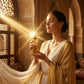 Un plan moyen d'un mannequin femme portant une robe de créateur drapée en mousseline de soie blanche et dorée, capturée de trois-quarts face dans un intérieur oriental architectural baigné de lumière dorée. Elle tient le flacon de image_24.png avec grâce près de sa silhouette, les yeux clos dans une expression sereine de bien-être. Un rayon de soleil traverse la pièce et vient frapper le bouchon en or poli de image_24.png, créant un éclat intense et réaliste. Style : Campagne de mode cinématographique. (gem