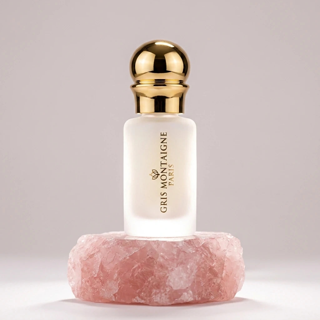 Un plan moyen net et frontal du flacon cylindrique de image_25.png isolé de sa boîte, posé sur un bloc de quartz rose brut et texturé. La lumière de studio traverse le verre dépoli par l'arrière (backlight), révélant de manière réaliste l'opacité blanche et laiteuse du précieux jus de image_25.png. Le bouchon sphérique en or poli capte un éclat lumineux linéaire parfait et éclatant. Style : Photographie cosmétique de haute précision. (gemini-3.1-flash-image-preview)