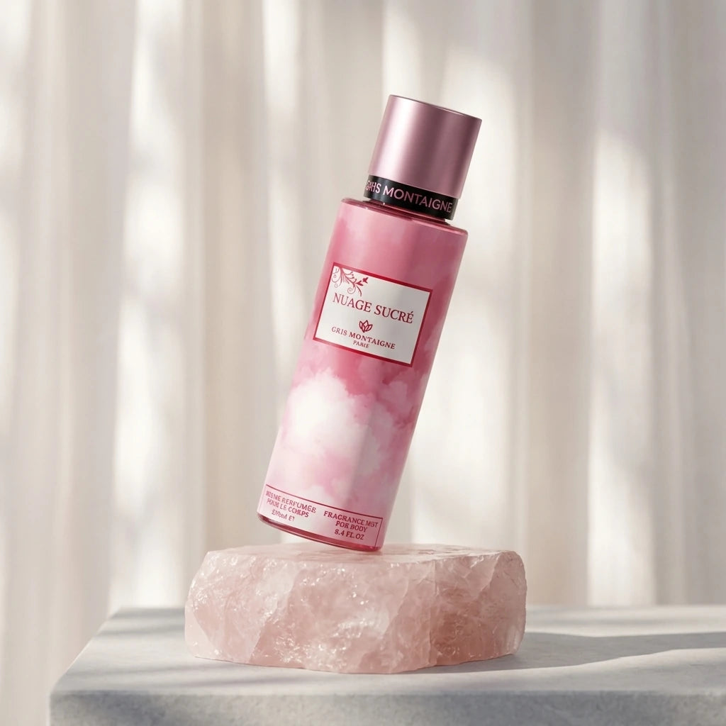 Un plan moyen à 45 degrés du flacon de image_32.png posé sur un bloc géométrique de quartz rose brut et givré. À l'arrière-plan, un éclairage de studio tamisé traverse un rideau de mousseline blanche, projetant des ombres douces et poétiques sur la bouteille de image_32.png. Le bouchon rose métallique satiné capte une lueur douce et réaliste. Style : Packshot de studio contemporain et épuré. (gemini-3.1-flash-image-preview)