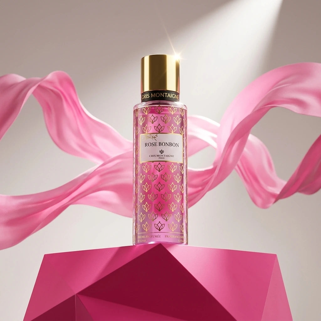 Un plan large en contre-plongée (vue basse) plaçant le flacon de image_2288fe.jpg sur un piédestal géométrique rose fuchsia mat. Un long ruban de soie rose bonbon ultra-fluide ondule de manière dynamique à l'arrière-plan, capturé en plein mouvement. Le bouchon métallique en or poli de image_2288fe.jpg capte un faisceau de lumière directionnel intense qui souligne son fini miroir parfait. Style : Photographie éditoriale de parfum de luxe, mouvement gracieux. (gemini-3.1-flash-image-preview)