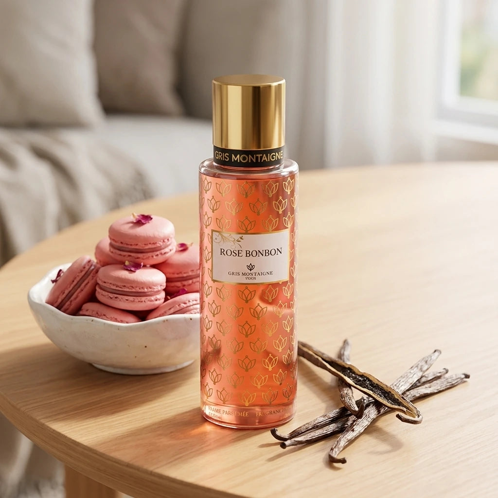 Un plan large du flacon de image_2288fe.jpg exposé sur une table en bois de santal clair et lisse, entouré d'une coupelle en céramique artisanale blanche contenant des macarons à la rose frais et des bâtons de vanille ouverts. Une lumière douce et naturelle traverse la scène, faisant vibrer l'éclat cuivré et rose du flacon du produit. Style : Photographie publicitaire de marque, naturelle et sensorielle. (gemini-3.1-flash-image-preview)