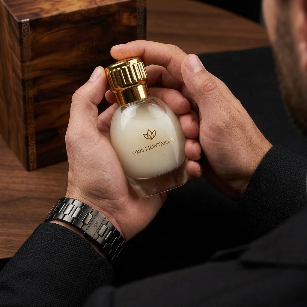 Un plan serré et intimiste centré sur les mains d'un mannequin homme au poignet orné d'une montre de luxe en acier brossé sombre. Ses doigts tiennent fermement et avec assurance le corps sculptural en verre transparent et métal doré du flacon de image_30bae2.jpg, extrait de son coffret visible en arrière-plan flou. Le fond de l'image montre la texture noble d'une veste de costume sur mesure noire texturée. Style : Campagne publicitaire de mode et de parfum de luxe masculin. (gemini-3.1-flash-image-preview)