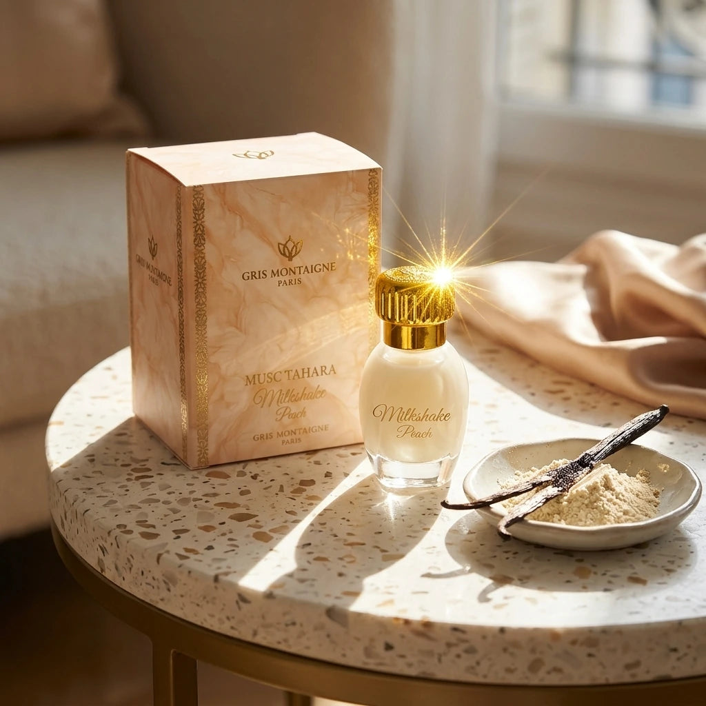 Un plan large oblique du coffret et du flacon de image_3abf0c.jpg exposés sur une table d'appoint moderne en terrazzo blanc et beige. À côté des produits, une petite coupelle artisanale en porcelaine contient une gousse de vanille ouverte et de la poudre de crème poudrée. Un rayon de soleil réaliste traverse la composition de biais, créant un éclat scintillant intense sur le capuchon doré de image_3abf0c.jpg. Style : Campagne publicitaire lifestyle et gourmande. (gemini-3.1-flash-image-preview)