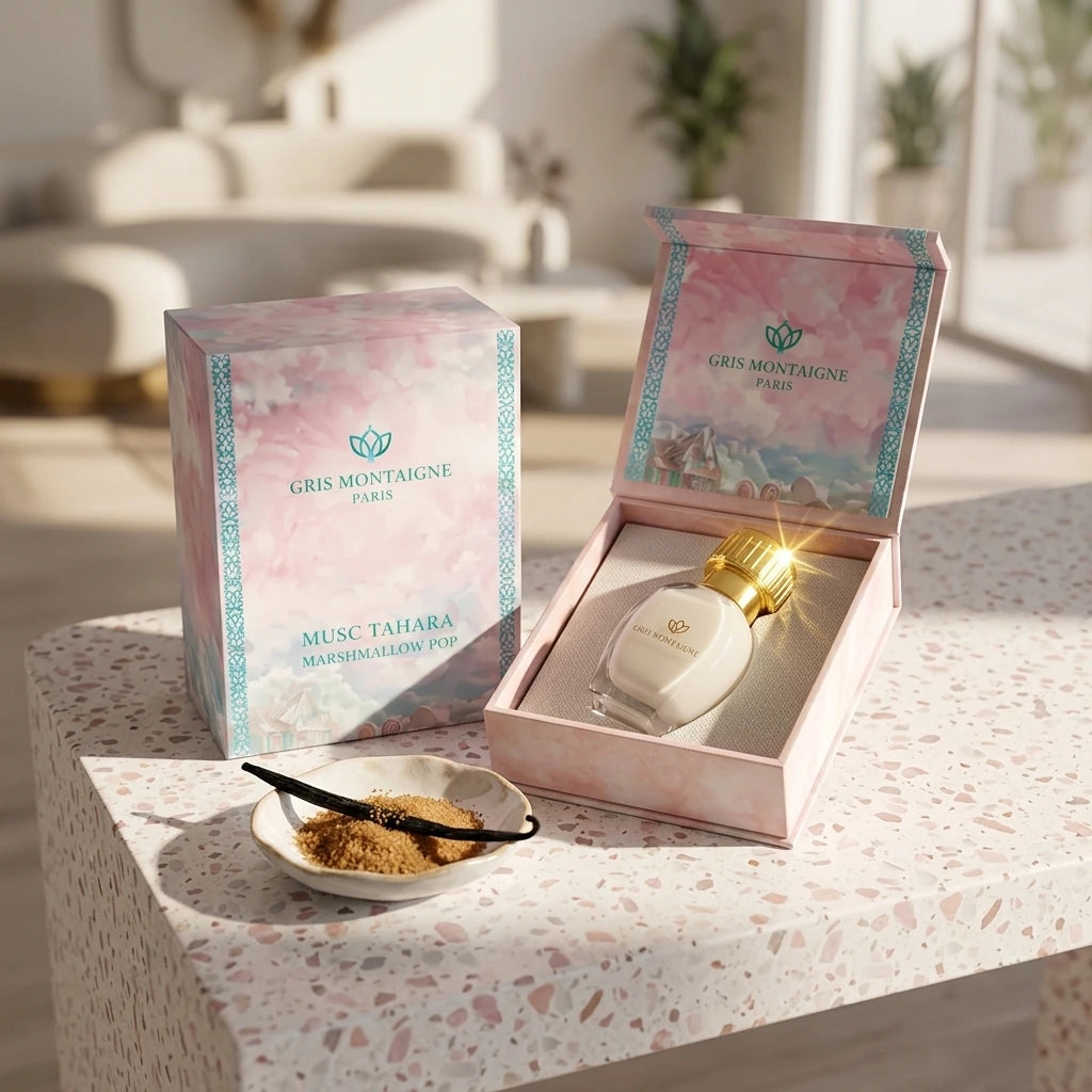Un plan large oblique du coffret ouvert et du flacon de image_3b1d7b.jpg exposés sur une console moderne en terrazzo blanc et rose pastel. À côté des produits, une petite coupelle artisanale en porcelaine contient une gousse de vanille entrouverte et de la poudre de sucre roux. Un rayon de soleil réaliste traverse la scène de biais, créant un éclat scintillant intense sur la couronne dorée de image_3b1d7b.jpg. Style : Campagne publicitaire lifestyle. (gemini-3.1-flash-image-preview)