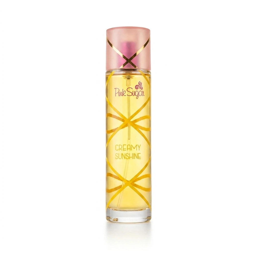 A wide shot product photograph of the Pink Sugar Creamy Sunshine perfume bottle, centered in the frame with plenty of negative space around it for text placement. The bottle stands on a seamless, pristine pure white background (#FFFFFF). Studio light creates a subtle, soft, and realistic shadow underneath. Clean, bright e-commerce banner aesthetic. Aspect ratio 1:1, size 1200x1200px. (gemini-3.1-flash-image-preview)