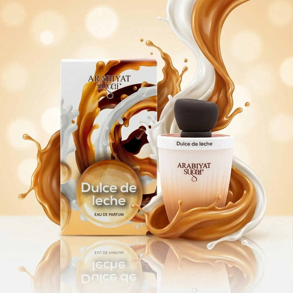 Creative e-commerce shot of the Arabiyat Sugar Dulce de Leche perfume bottle and box inspired by the artwork on image_a2dd23.jpg. The items are placed on a glossy white surface, surrounded by artistic, frozen-in-time splashes and smooth, elegant swirls of thick golden-brown liquid caramel and rich white cream. The background is a soft, warm cream blurred bokeh gradient. Hyper-detailed, indulgent, and sweet fragrance concept. Aspect ratio 1:1, size 1200x1200px. (gemini-3.1-flash-image-preview)