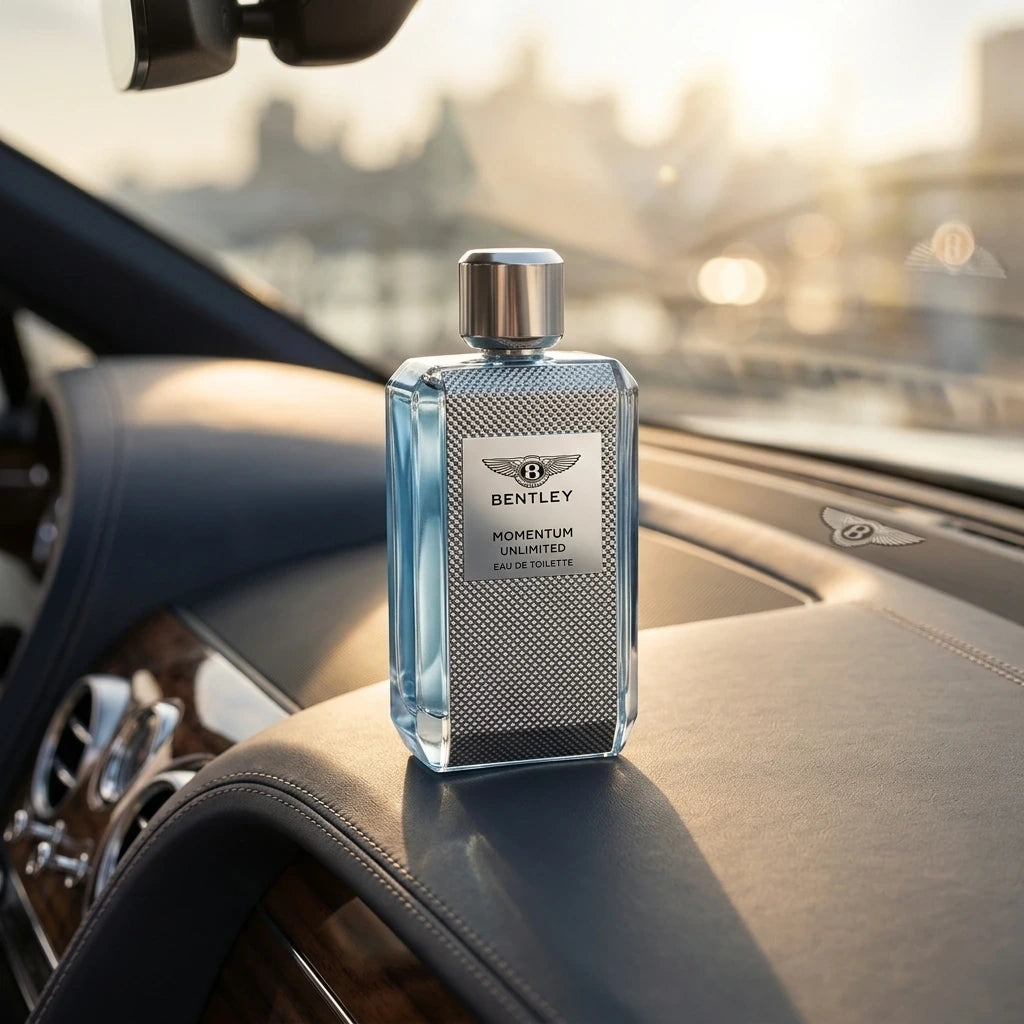 Professional luxury perfume advertisement for "Bentley Momentum Unlimited" Eau de Toilette. The masculine bottle is elegantly placed on the premium stitched dark leather dashboard of a modern Bentley car. Soft, warm golden hour sunlight filtering through the windshield, creating a sophisticated bokeh effect in the background. Ultra-sharp focus on the perfume texture and branding, cinematic lighting, commercial photography, editorial style. (gemini-3.1-flash-image-preview)