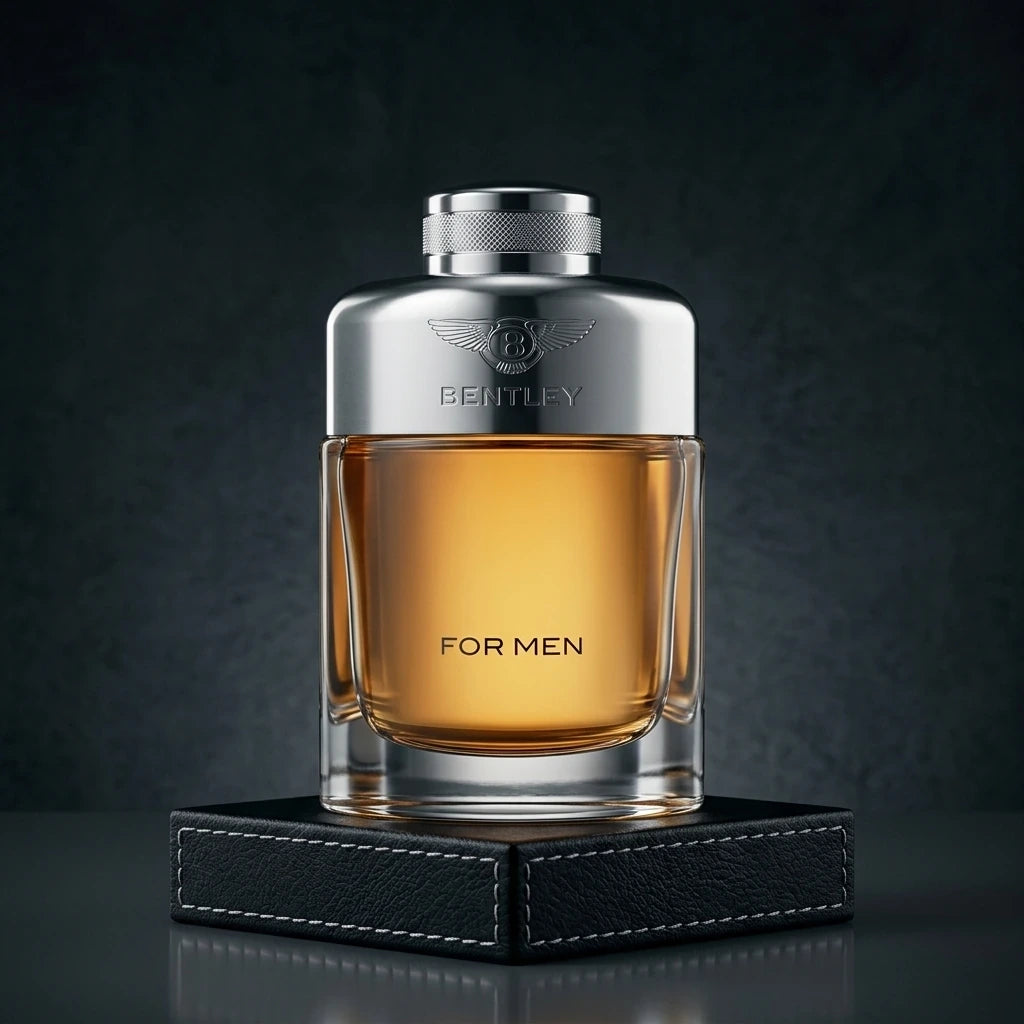Un portrait de produit épuré et masculin au format carré 1200x1200px. Le flacon de "Bentley For Men" de image_85b966.jpg est posé à la verticale de face au centre d'un bloc géométrique recouvert de cuir noir surpiqué de fil argenté. Le fond est un mur gris de béton ciré très sombre. Une lumière latérale dramatique (chiaroscuro) crée des reflets nets sur les épaules métalliques argentées de la bouteille et illumine le jus ambré chaleureux à travers le verre lourd. Le lettrage "FOR MEN" est d'une netteté abso