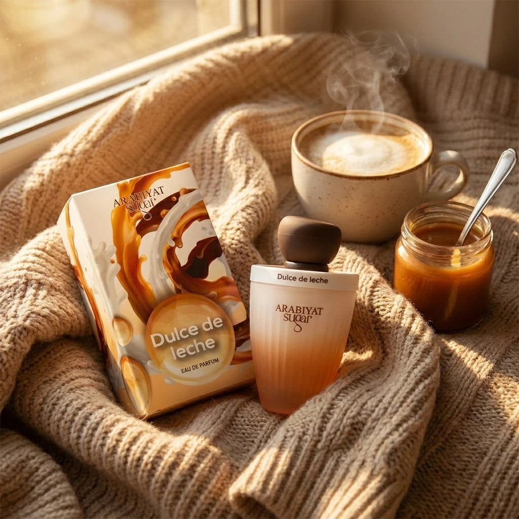 Un visuel lifestyle chaleureux à 1200x1200px. Le parfum et sa boîte d'image_9539c2.jpg sont installés sur un plaid en maille épaisse de couleur beige. À côté, une tasse de macchiato fumante et un petit pot de caramel. Une lumière douce de fin d'après-midi traverse une fenêtre invisible, projetant des ombres douces et créant une atmosphère réconfortante. (gemini-3-pro-image-preview)